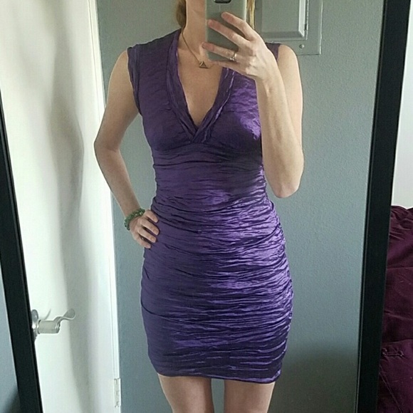 Vintage Nicole Miller Ruched Bodycon Mini Dress Purple Taffeta 2 - Picture 7 of 9